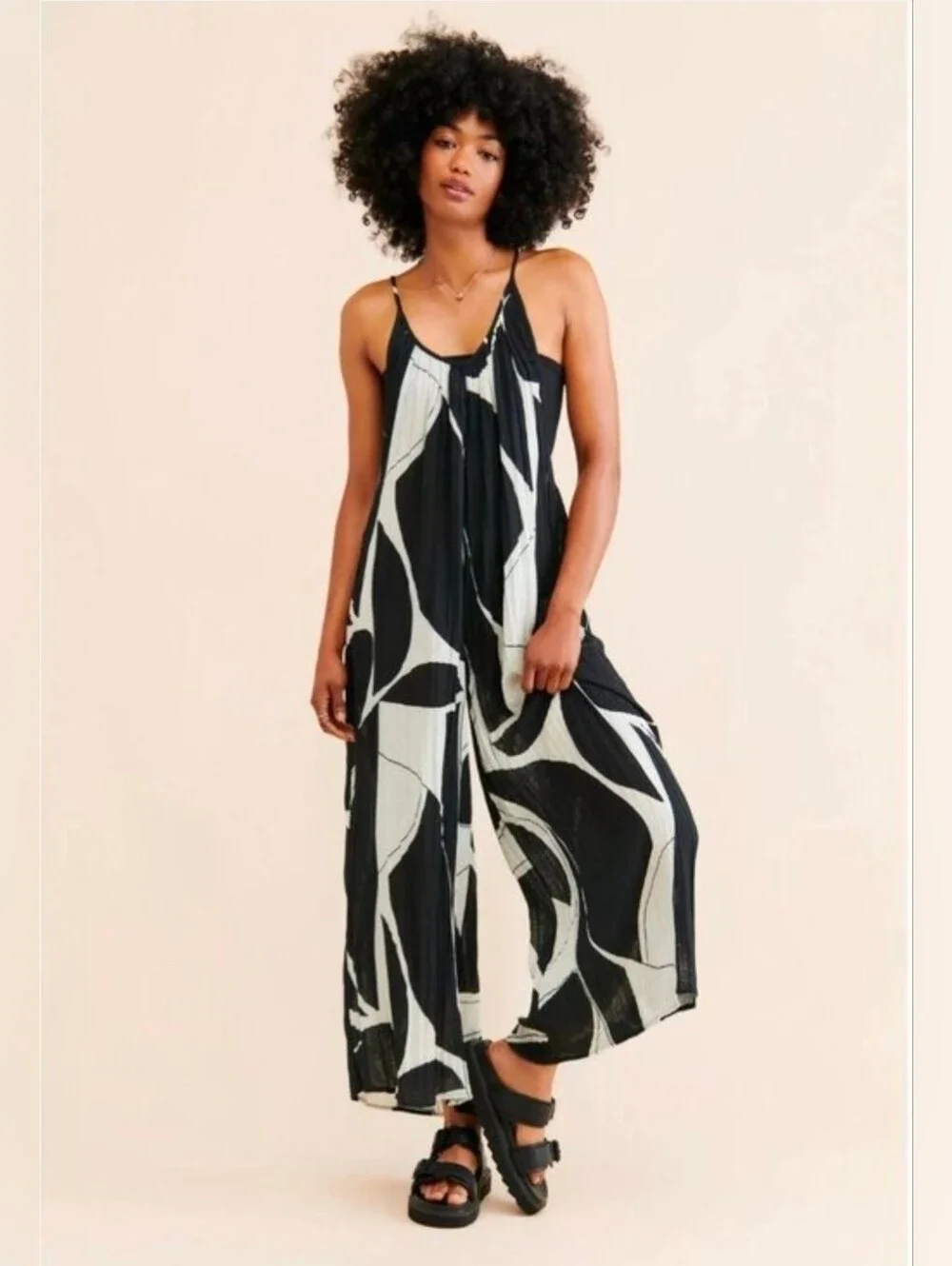 Anthropologie Boho White Black Sheer Print Cotton Gauze Wide Leg Jumpsuit, Large - Picture 1 of 8